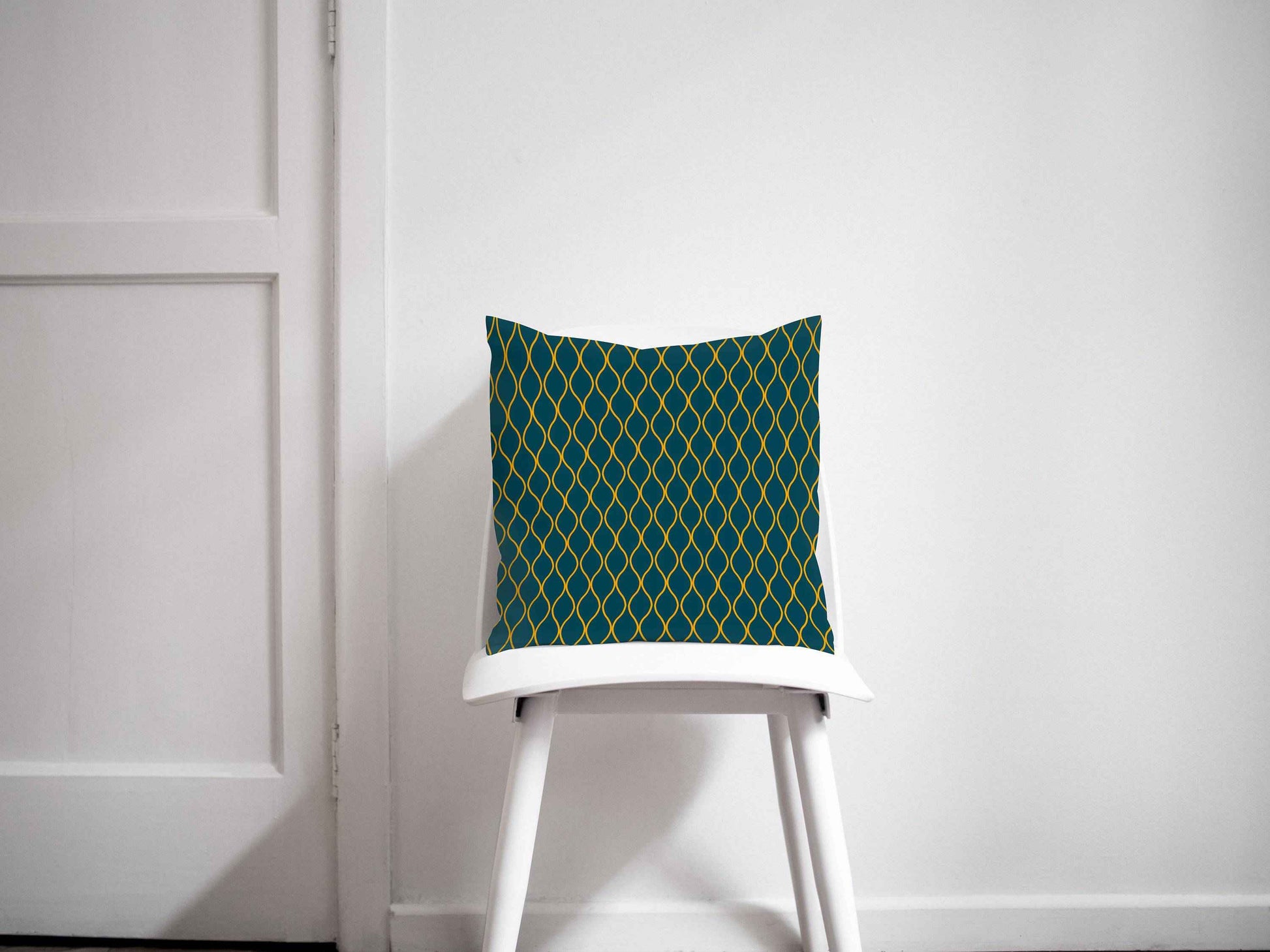Teal Cushion with a Yellow Geometric Design, Throw Pillow