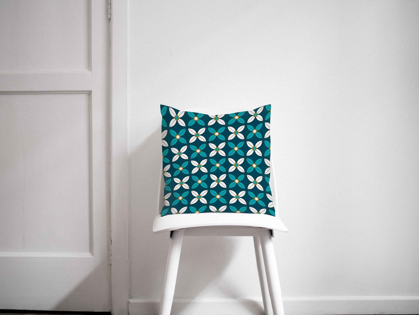 Dark Blue Cushion with White and Blue Geometric Floral Design, Throw Pillow
