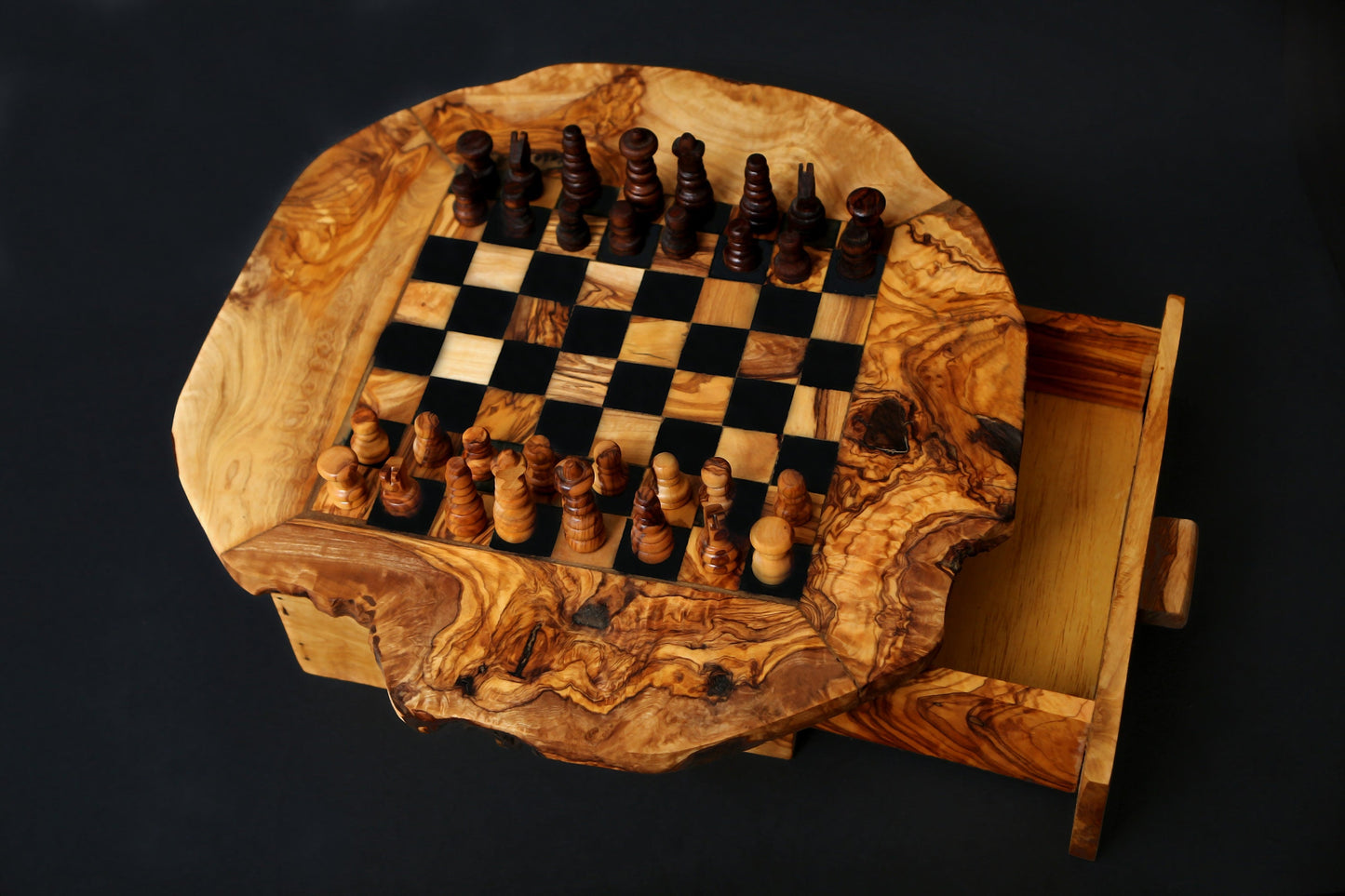 Handmade Olive Wood Chess Set with Storage Drawer - Luxury Wooden Board Game