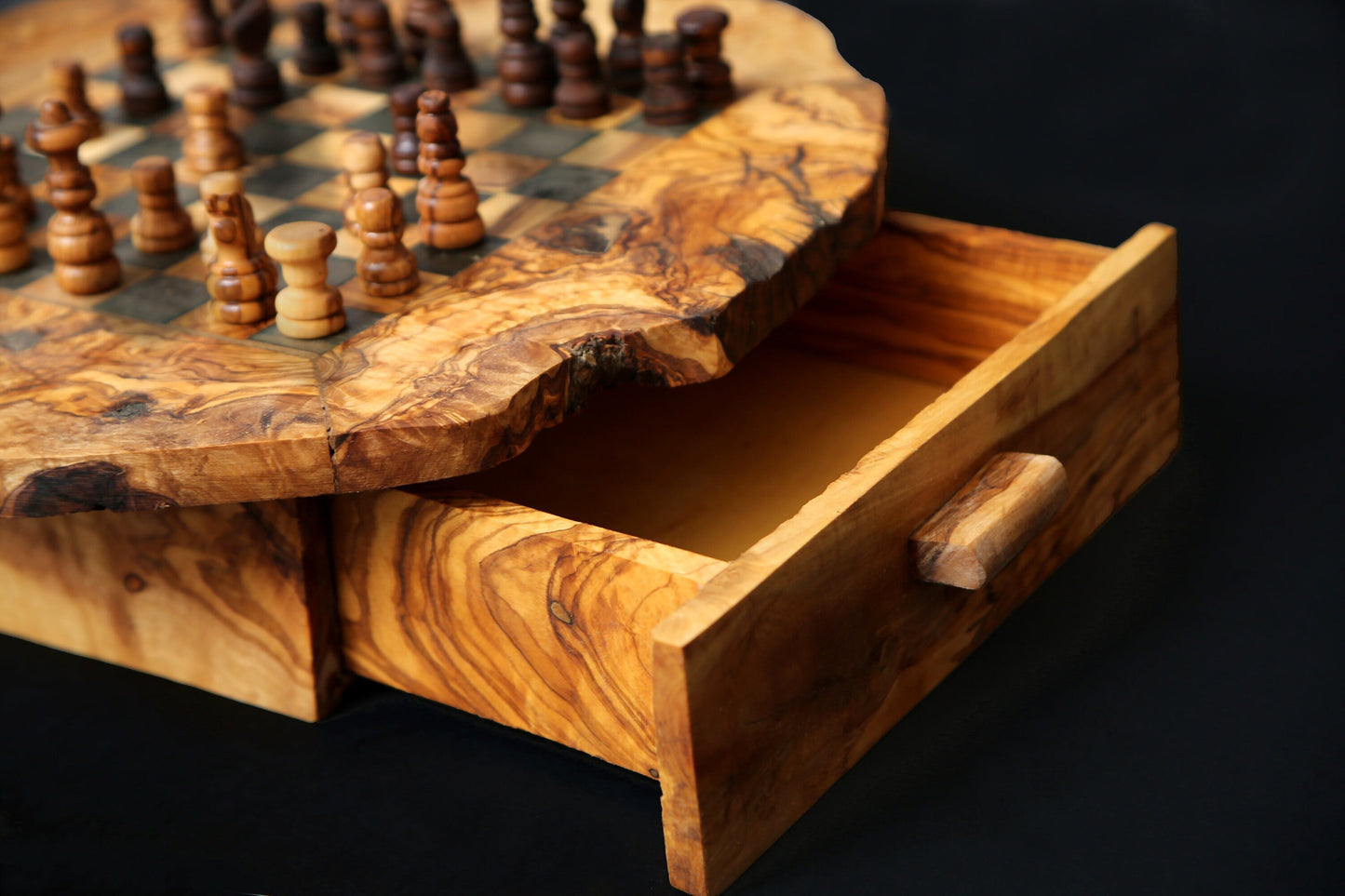 Handmade Olive Wood Chess Set with Storage Drawer - Luxury Wooden Board Game