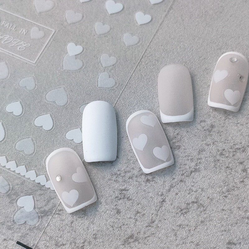 Hello Claws | White Heart Embossed Pattern Design Nail Deco Sticker