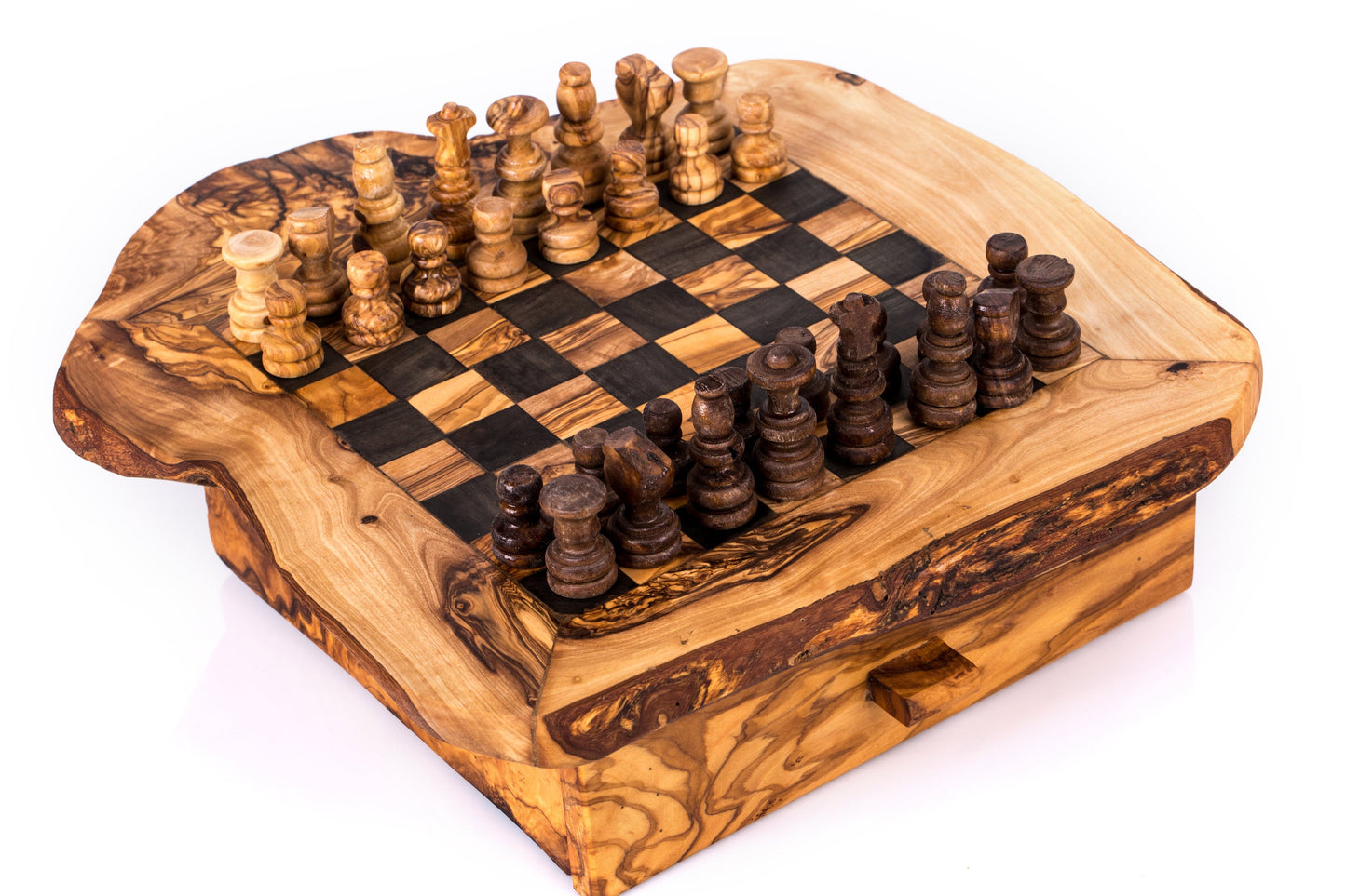 Handmade Olive Wood Chess Set with Storage Drawer - Luxury Wooden Board Game