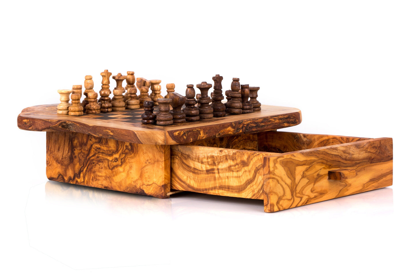Handmade Olive Wood Chess Set with Storage Drawer - Luxury Wooden Board Game