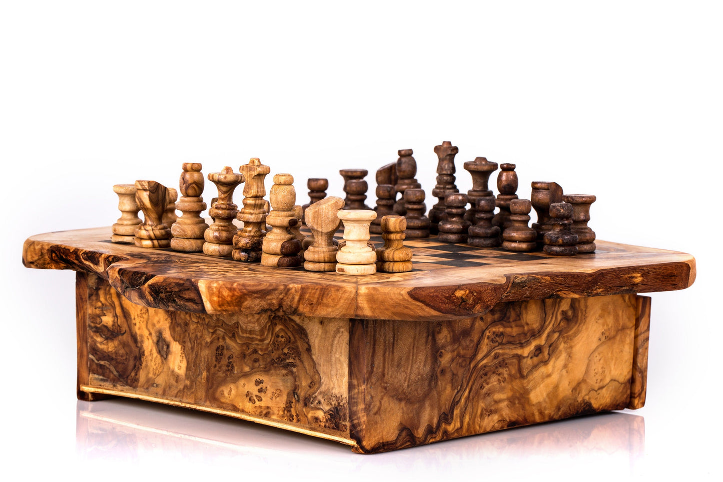 Handmade Olive Wood Chess Set with Storage Drawer - Luxury Wooden Board Game