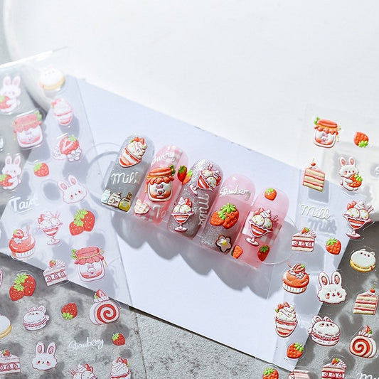 Hello Claws | Strawberry Cake Bunny Embossed Pattern Design Nail Deco Sticker