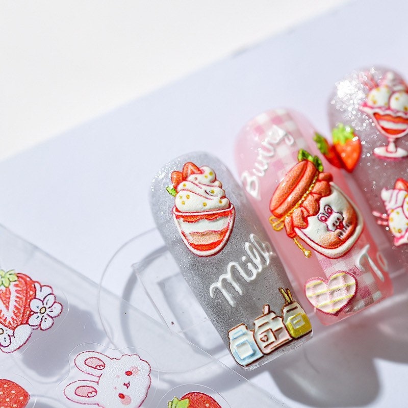 Hello Claws | Strawberry Cake Bunny Embossed Pattern Design Nail Deco Sticker
