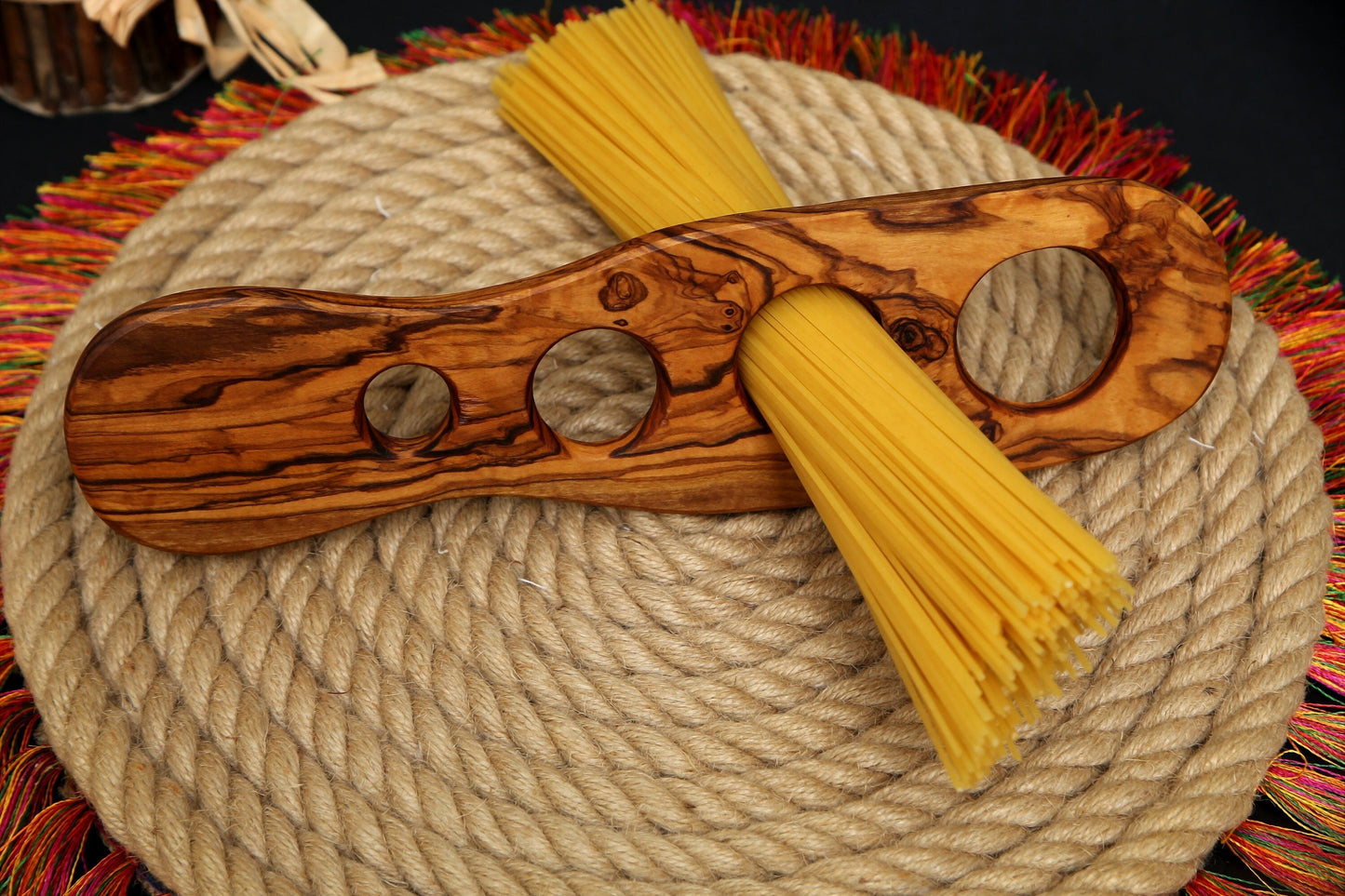 Handcrafted Olive Wood Spaghetti Measure - 4 Hole Pasta Portioning Gadget