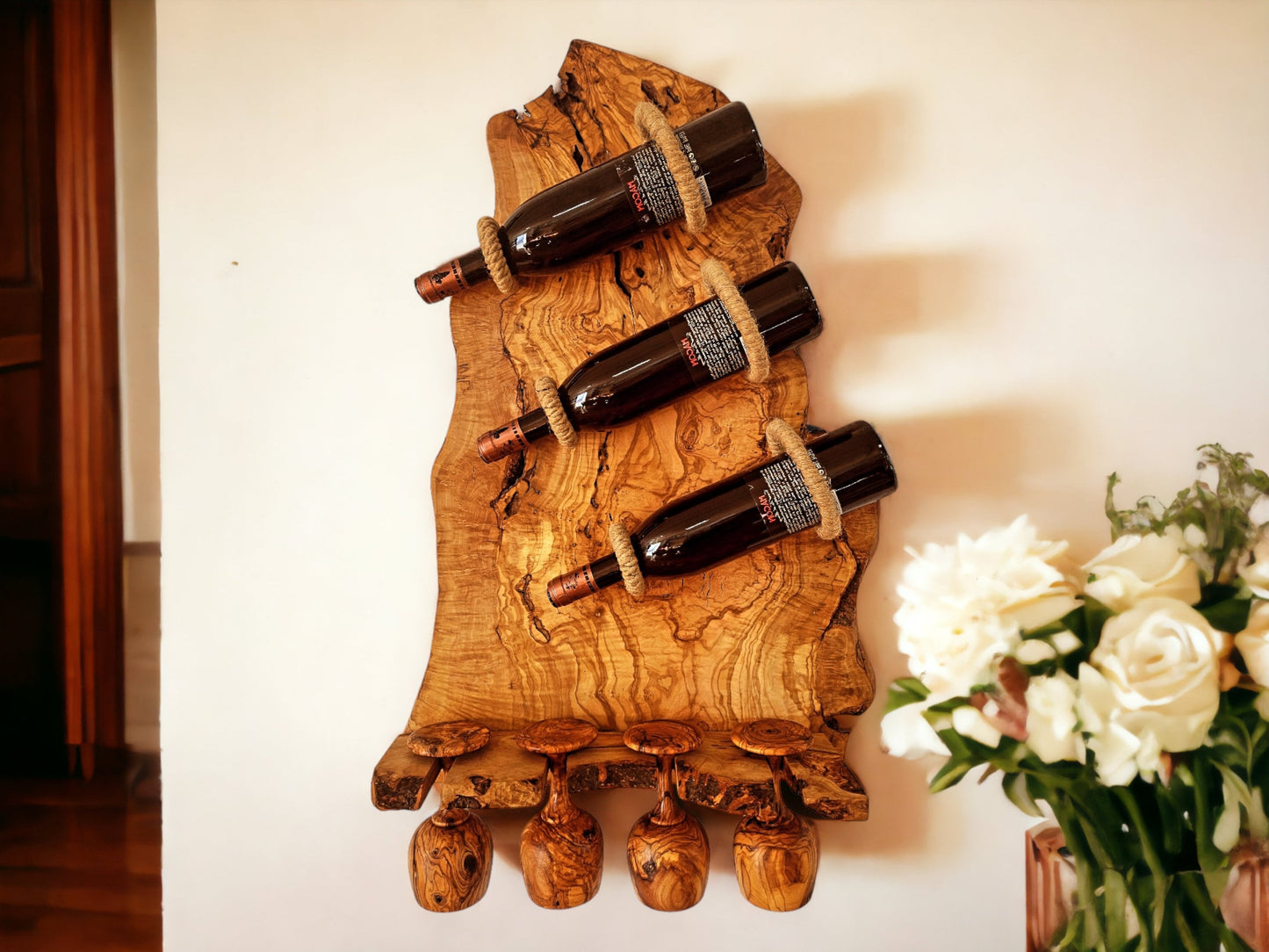 Rustic Olive Wood Wall Mounted Wine Bottle Holder & Goblet Rack