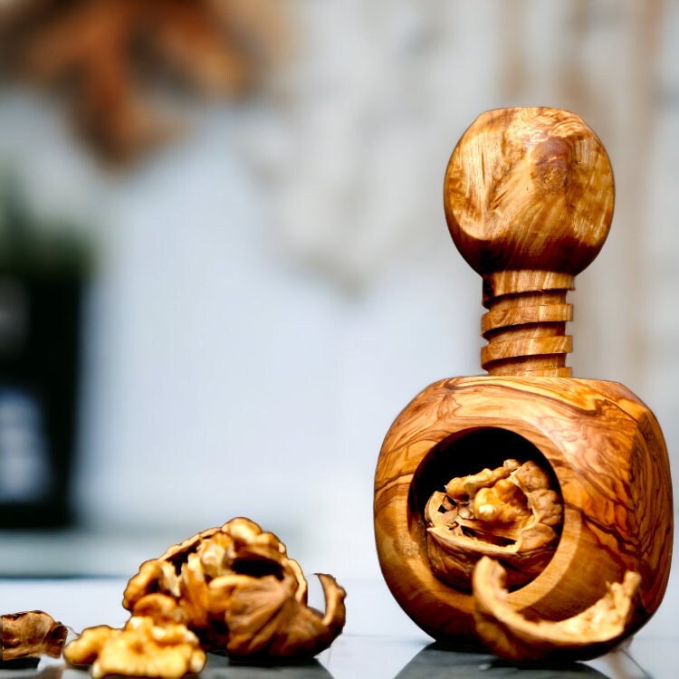 Olive Wood Mushroom Nutcracker | Wooden Screw Thread Manual Nut Breaker Tool