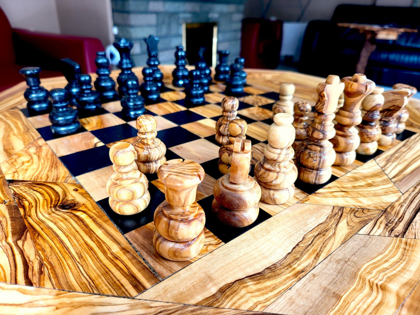 Handcrafted Olive Wood Chess Table – Luxury Wooden Pedestal Game Table in Red & Black