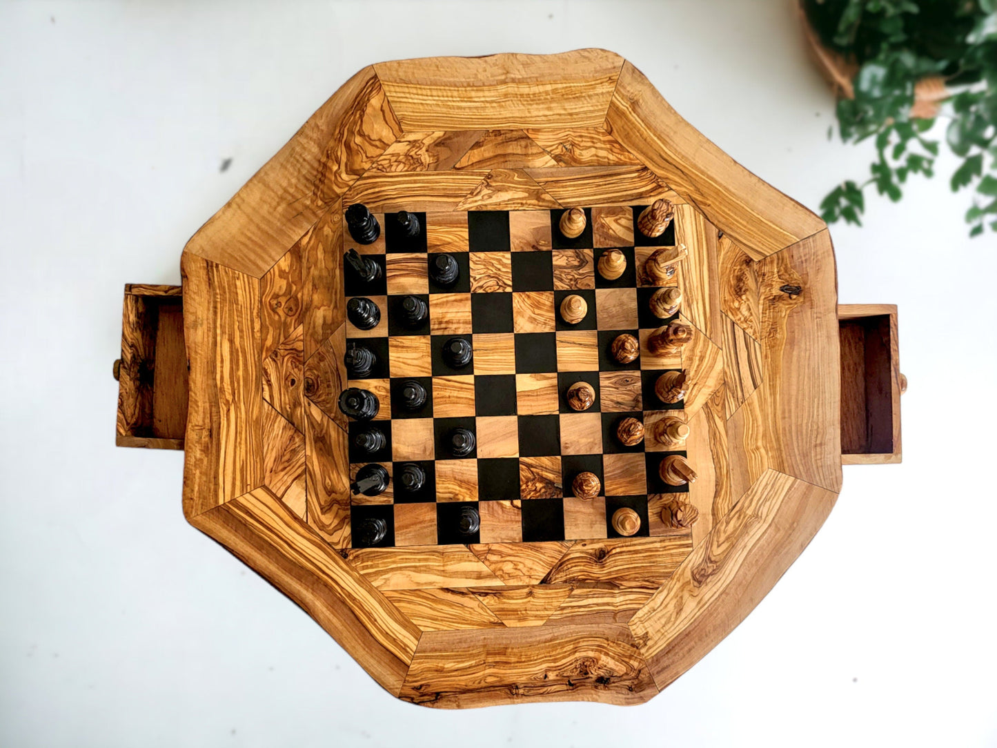 Handcrafted Olive Wood Chess Table – Luxury Wooden Pedestal Game Table in Red & Black