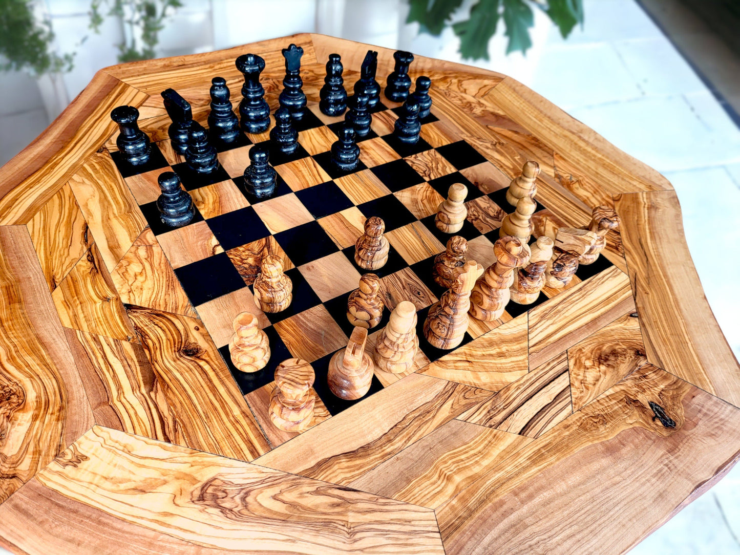 Handcrafted Olive Wood Chess Table – Luxury Wooden Pedestal Game Table in Red & Black