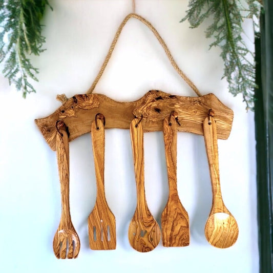 Olive Wood Hanging Cooking Utensils Set 35 cm With Rack