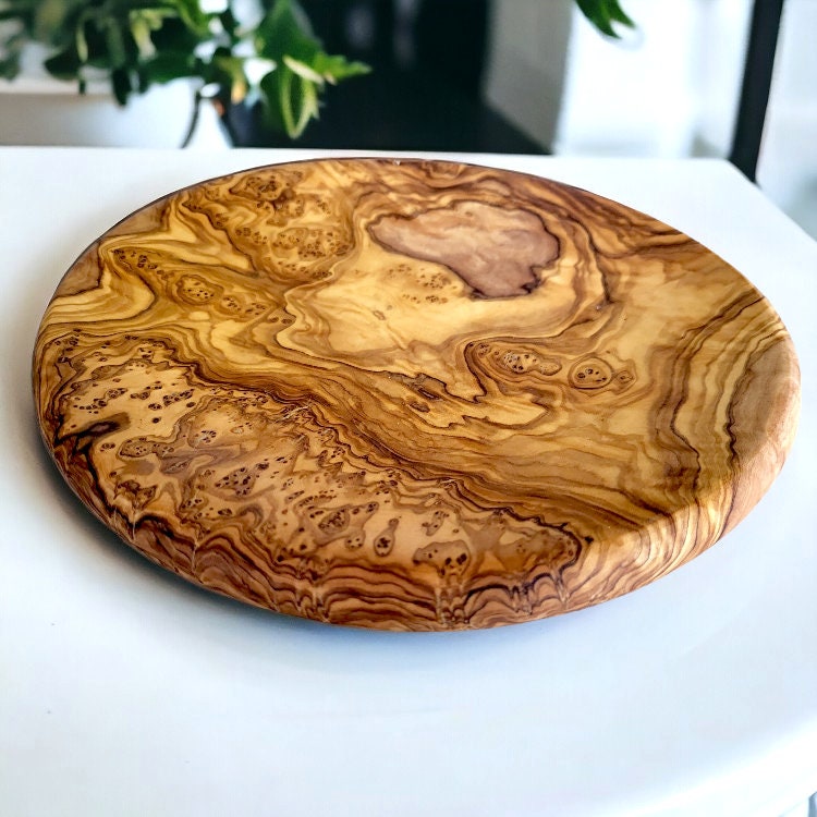 Olive Wood Circular Serving Board Platter | Round Wooden Charcuterie Tray Set