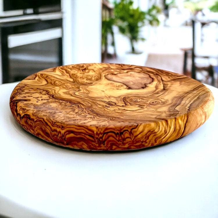 Olive Wood Circular Serving Board Platter | Round Wooden Charcuterie Tray Set