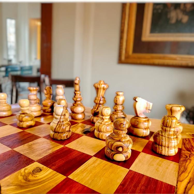 Handcrafted Olive Wood Chess Table – Luxury Wooden Pedestal Game Table in Red & Black