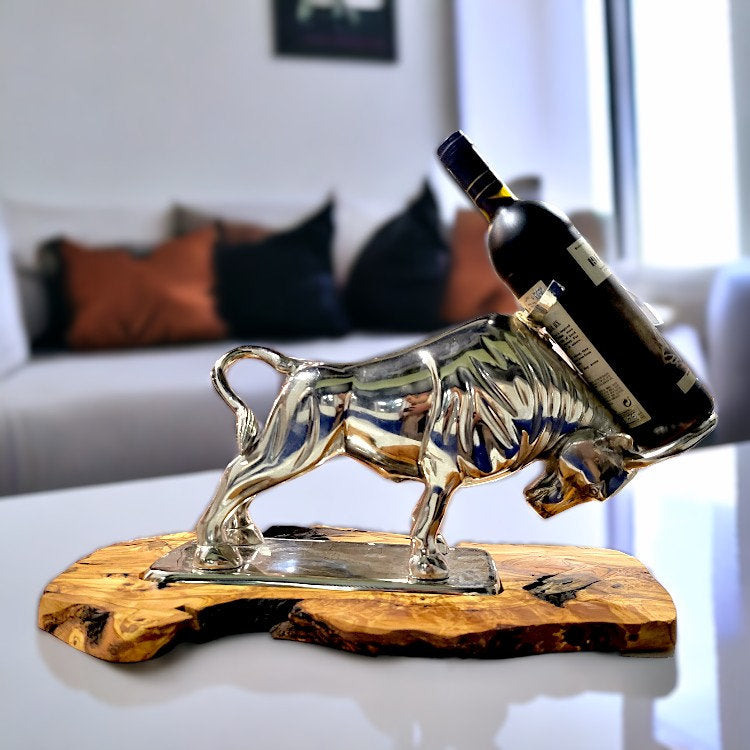 Wall Street Charging Bull Wine Bottle Holder | Luxury Olive Wood Base Bar Decor