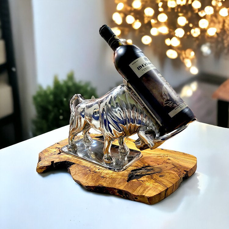 Wall Street Charging Bull Wine Bottle Holder | Luxury Olive Wood Base Bar Decor