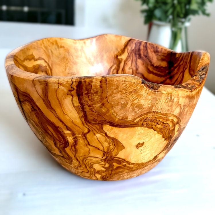 Handmade Olive Wood Live Edge Salad Bowl | Deep Freeform Fruit Serving & Mixing Bowl | Unique Natural Bark Edge | 12–38 cm