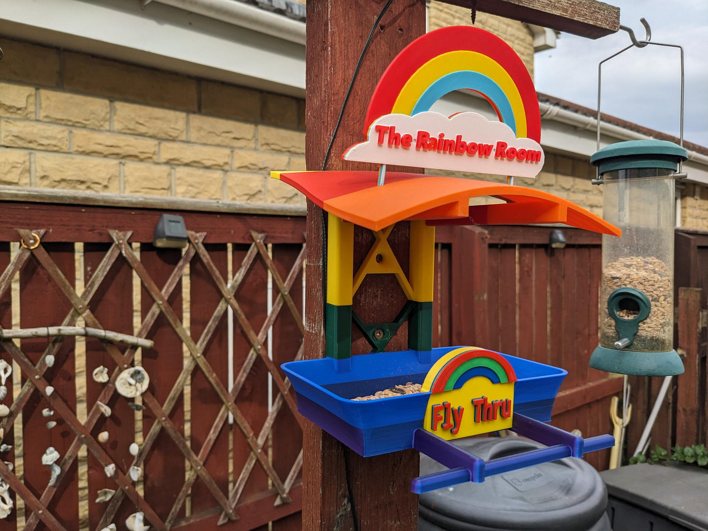 Rainbow Garden Bird Feeding Station - Garden bird seed feeder - quirky outdoor Decor - Wild Bird Food table - sparrow blue tit blackbird