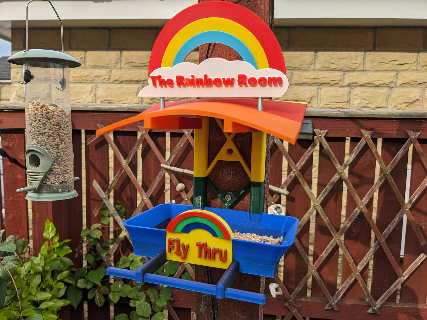 Rainbow Garden Bird Feeding Station - Garden bird seed feeder - quirky outdoor Decor - Wild Bird Food table - sparrow blue tit blackbird