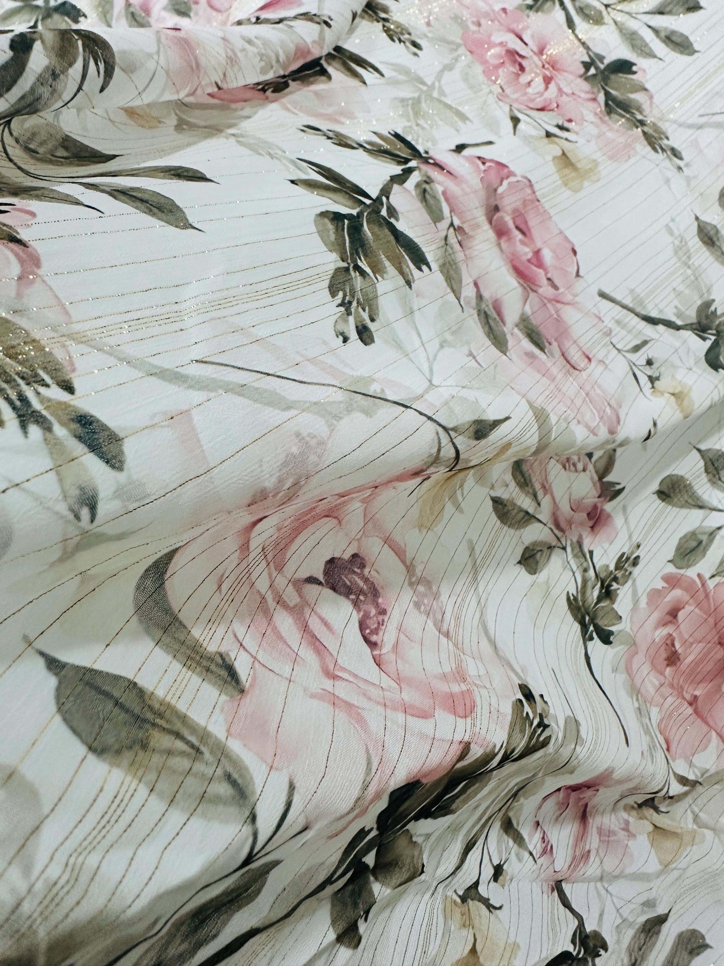 Gold Striped Floral Print Fabric by Metre