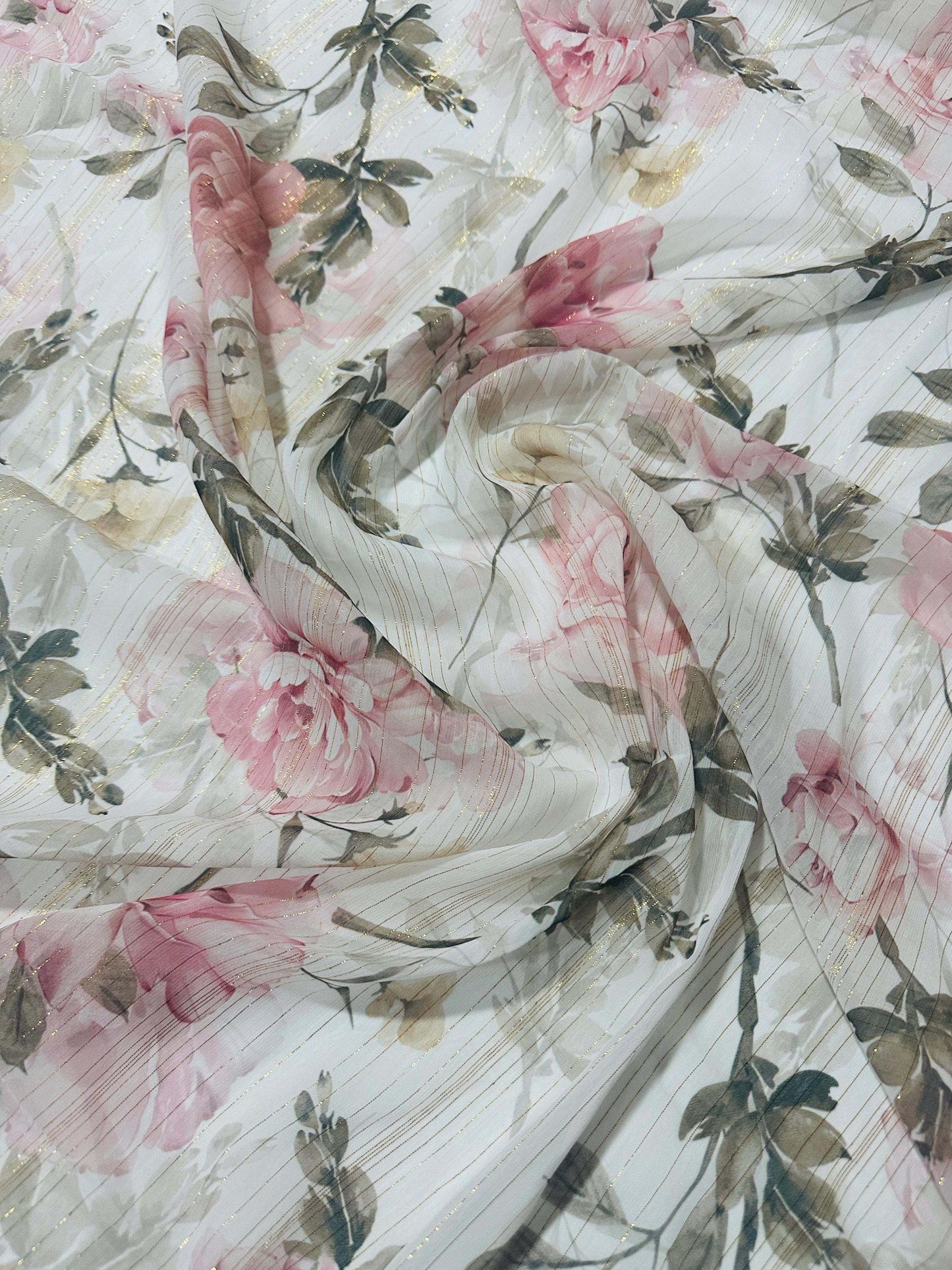 Gold Striped Floral Print Fabric by Metre