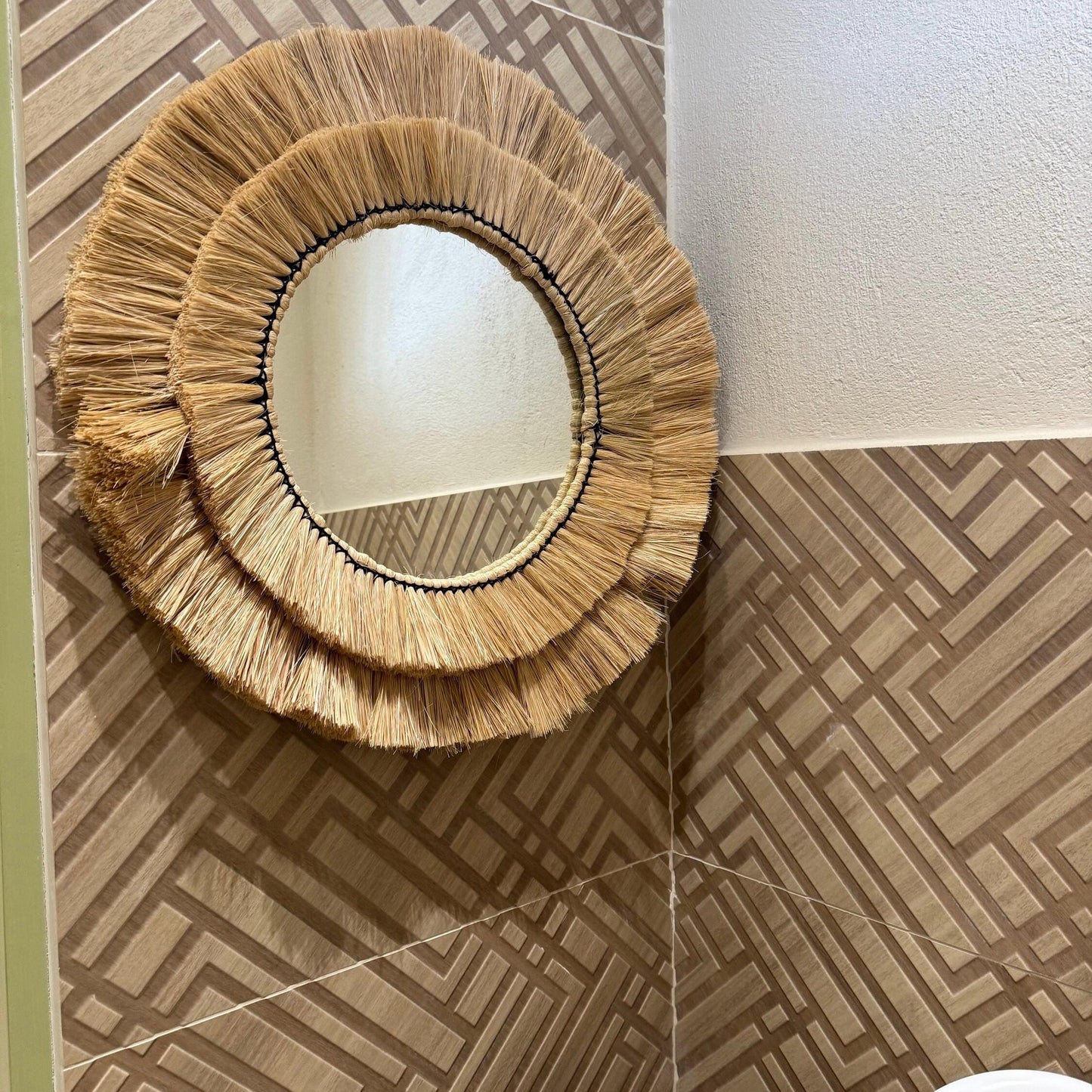 Natural Raffia Round Wall Mirror | 55cm Boho Coastal Fringe Mirror