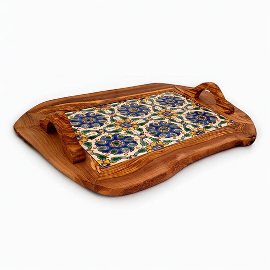 Rustic Olive Wood Ceramic Tray with Handle, serving tray, natural, handmade, gift