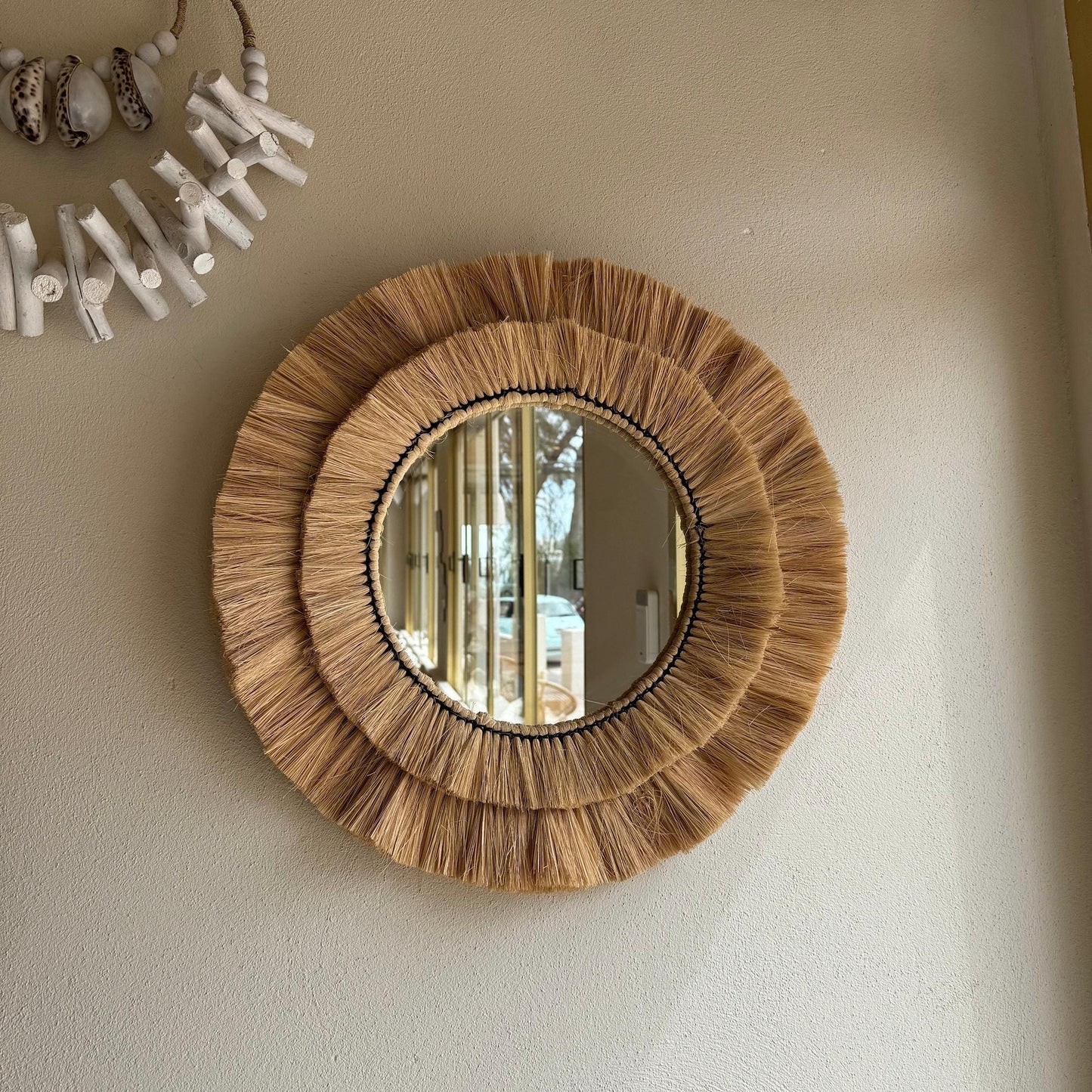 Natural Raffia Round Wall Mirror | 55cm Boho Coastal Fringe Mirror