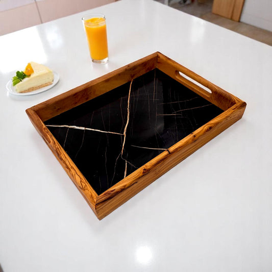 Olive Wood Rectangular Olive Wood Marble effect Tray with Handle