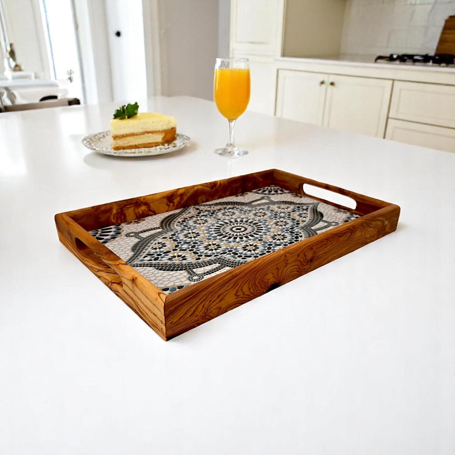 Olive Wood Rectangular Olive Wood Marble effect Tray with Handle