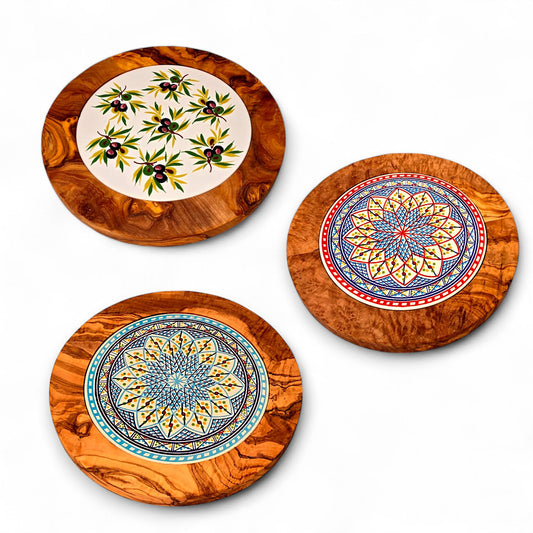 Olive Wood Handcrafted Round Wooden Ceramic Serving Tray/Coaster | Multiple Styles