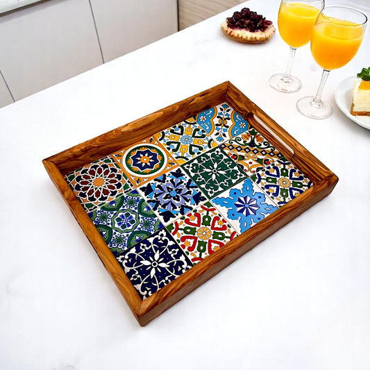 Rectangular Olive Wood Ceramic Tray with Handle