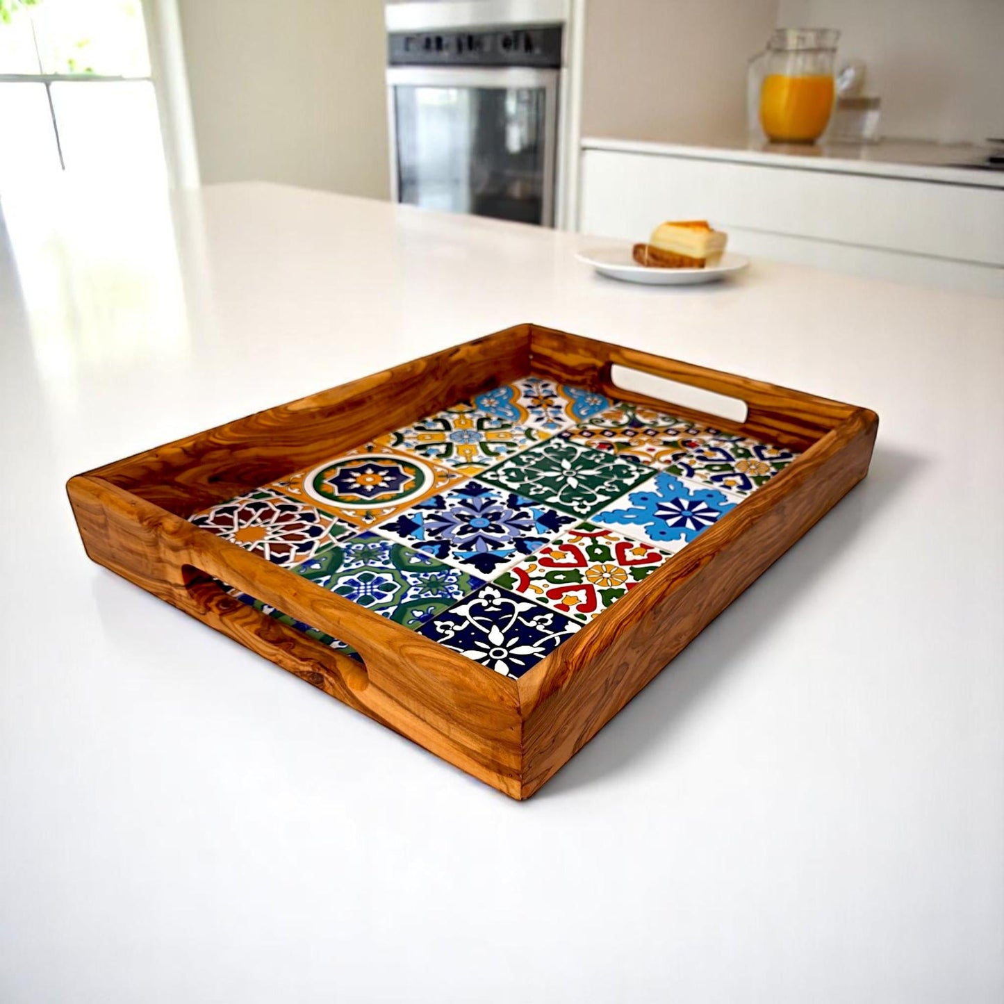 Olive Wood Rectangular Olive Wood Ceramic Tray with Handle 40 cm * 25 cm