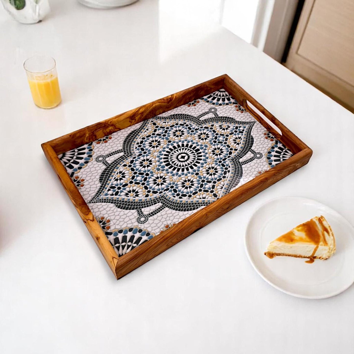 Olive Wood Rectangular Olive Wood Ceramic Tray with Handle 40 cm * 25 cm