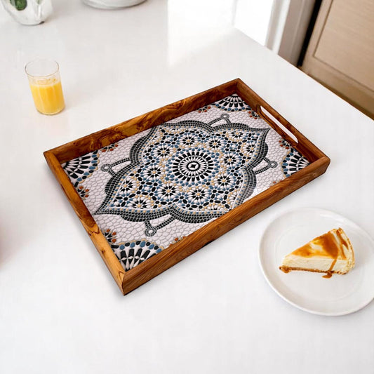Olive Wood Rectangular Olive Wood Ceramic Tray with Handle 40 cm * 25 cm