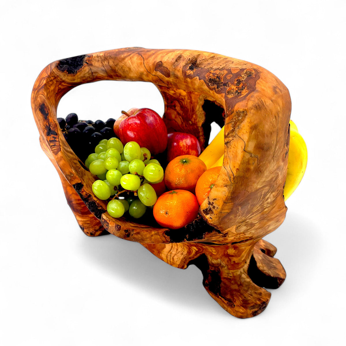 Rustic Olive Wood Fruit Basket | Large Tall Round Centrepiece | 43×30×33 cm