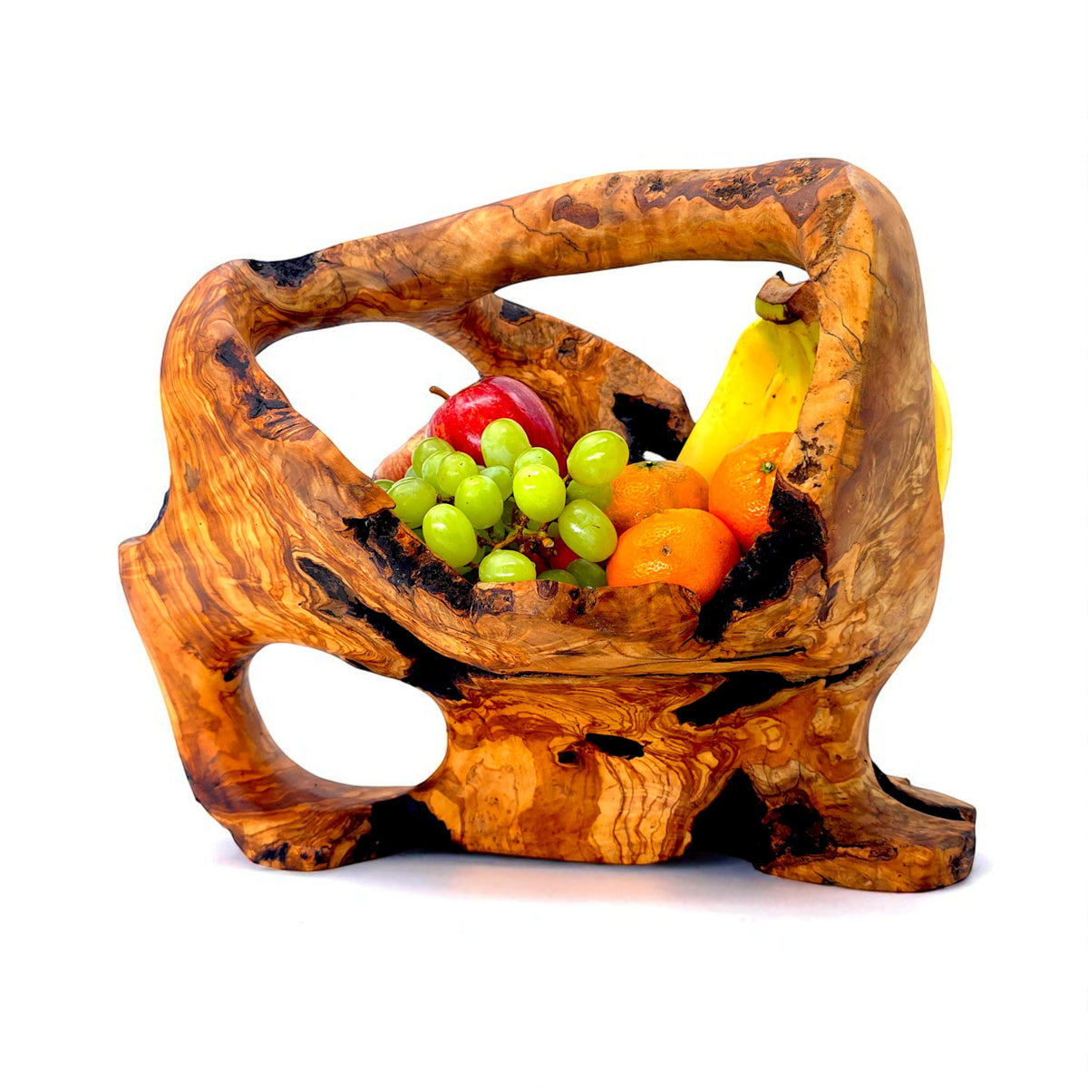 Rustic Olive Wood Fruit Basket | Large Tall Round Centrepiece | 43×30×33 cm