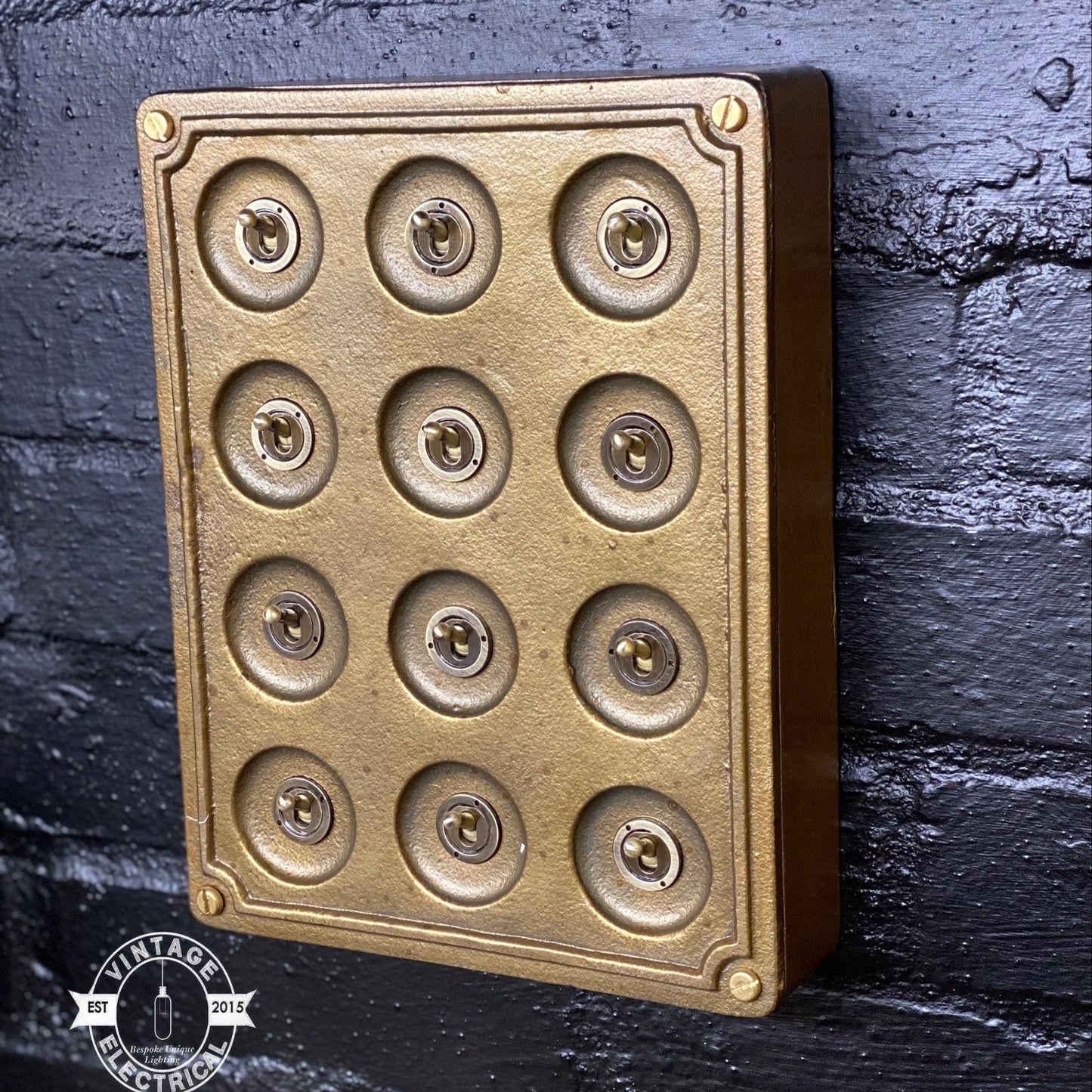12 Gang 2 Way Bronze Solid Cast Metal Surface Mounting Conduit Light Switch Industrial - BS EN Approved Vintage Crabtree 1950