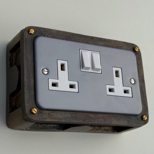 Grey Metal Clad Double Switched 13A Power Socket 230V 2 Gang Socket Antique Brass Conduit Switch
