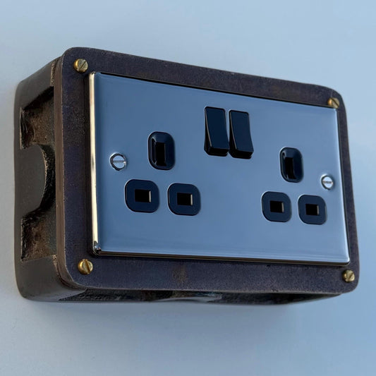 Black Nickel Double Switched 13A Power Socket 230V 13A 2 Gang 2G  Solid Metal Antique Brass Conduit Switch