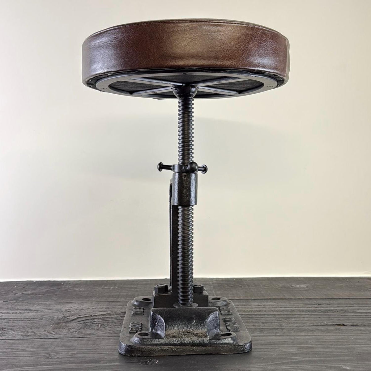 Vice Clamp Adjustable Stool | Cast Iron Industrial Seat | Leather Top