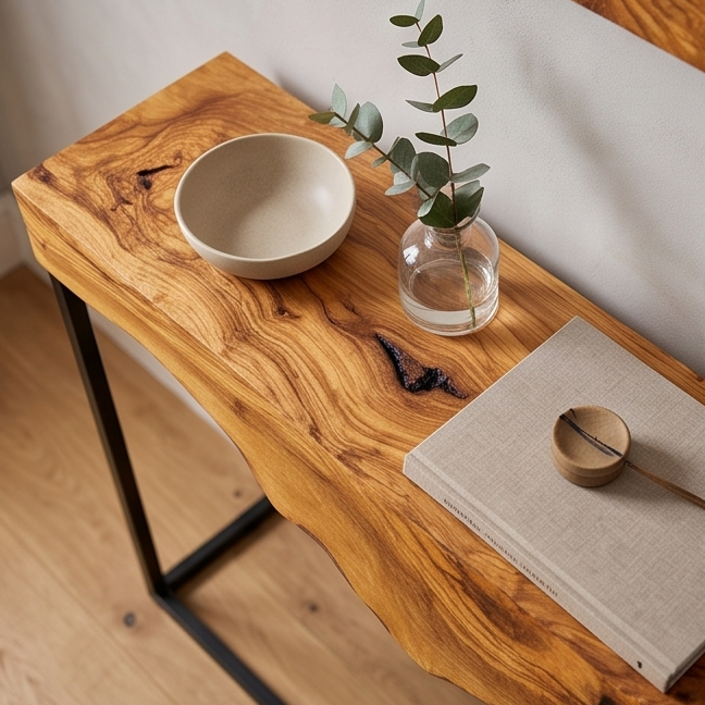 Luxury Live Edge Olive Wood Console Table & Mirror Set - Entryway Vanity