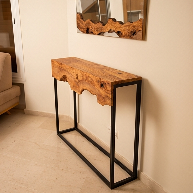Hand made olive wood mirror and console table set