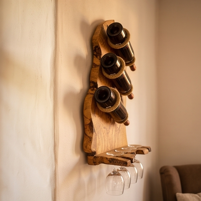 Bespoke Live-Edge Olive Wood Wall Wine Display & Sculptural Goblet Rack