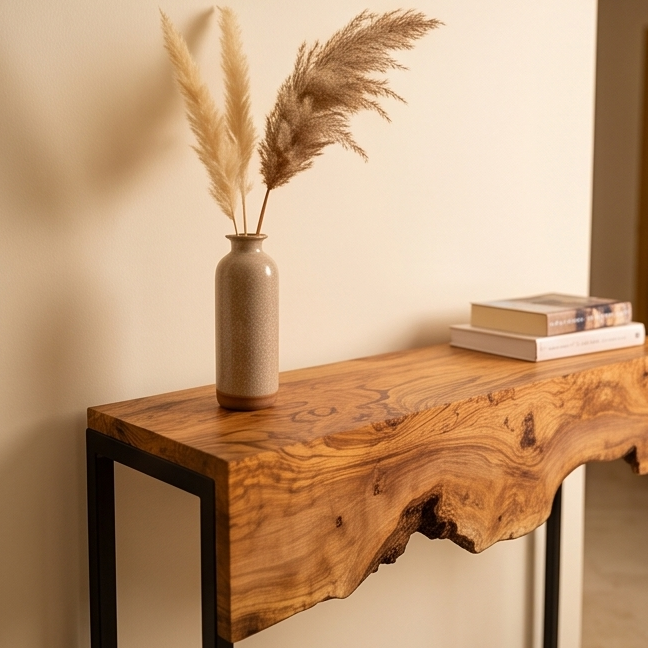 Luxury Live Edge Olive Wood Console Table - Slim Industrial Entryway Table