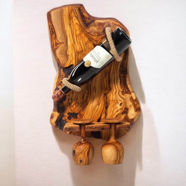 Bespoke Live-Edge Olive Wood Wall Wine Display & Sculptural Goblet Rack