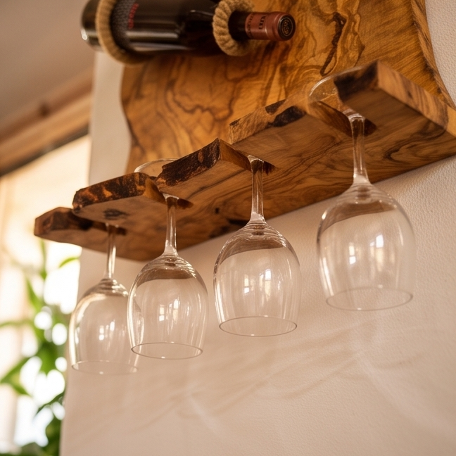 Rustic Olive Wood Wall Mounted Wine Bottle Holder & Goblet Rack