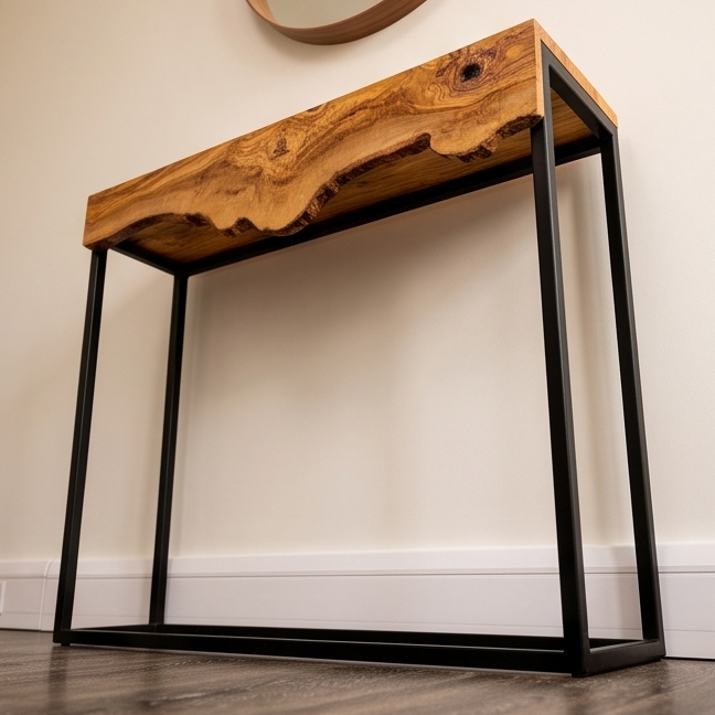 Luxury Live Edge Olive Wood Console Table - Slim Industrial Entryway Table